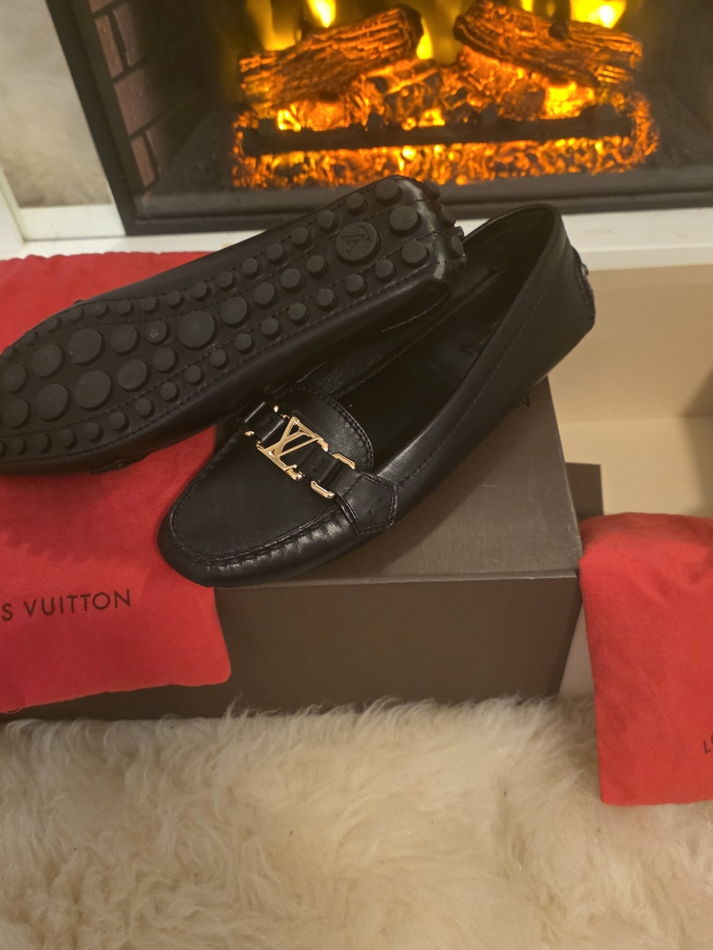 Louis Vuitton Black Leather Loafers with Gold LV Hardware